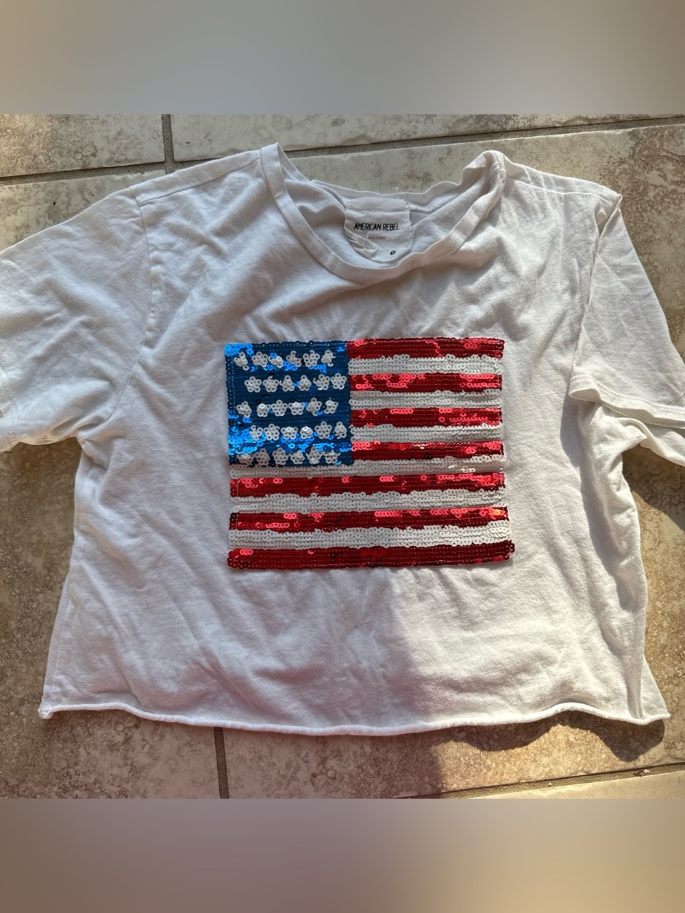 American Eagle Outfitters White Sequin Flag Tee
